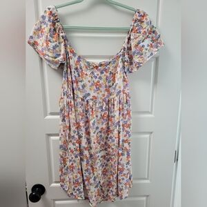 Floral Puff Sleeve Midi Dress - Lavender, Orange & Yellow Print